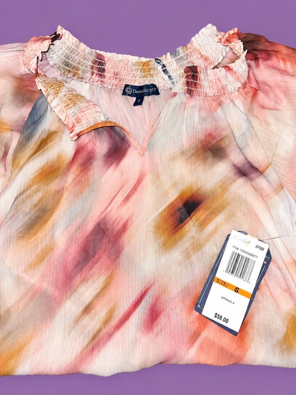 Democracy Multicolor Tie-Dye Smocked Ruffle Neck Blouse